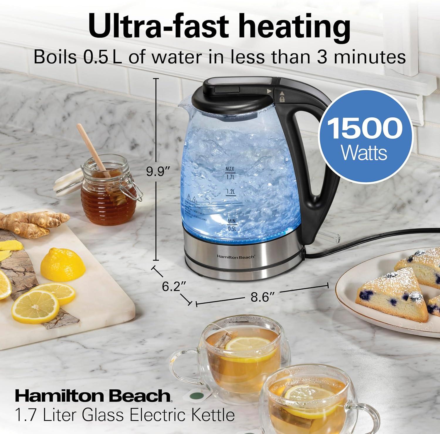 image:imageHamilton Beach 17L Electric Tea Kettle Water Boiler amp Heater LED Indicator BuiltIn Mesh Filter AutoShutoff amp BoilDry Protection Cordless Serving Iridescent Clear Glass 41055Clear Glass