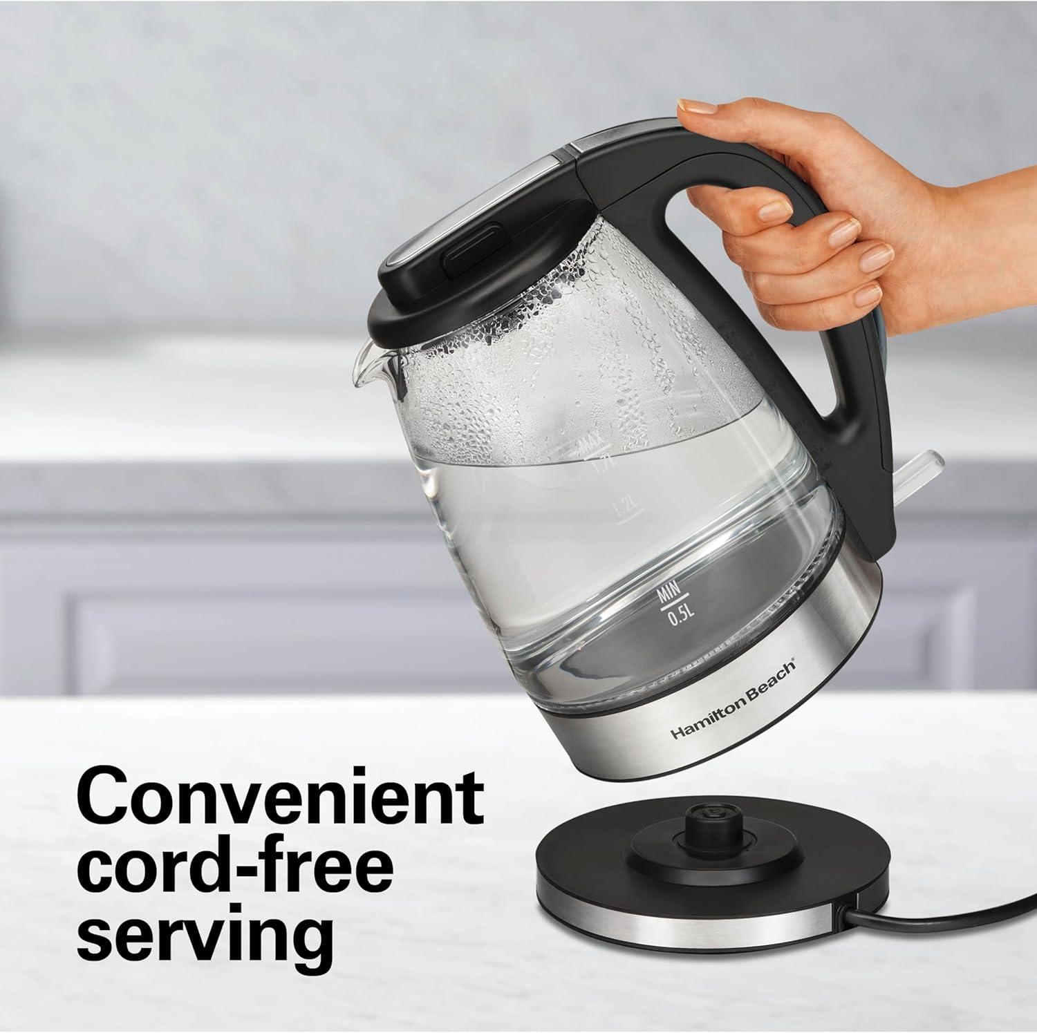 image:imageHamilton Beach 17L Electric Tea Kettle Water Boiler amp Heater LED Indicator BuiltIn Mesh Filter AutoShutoff amp BoilDry Protection Cordless Serving Iridescent Clear Glass 41055Clear Glass
