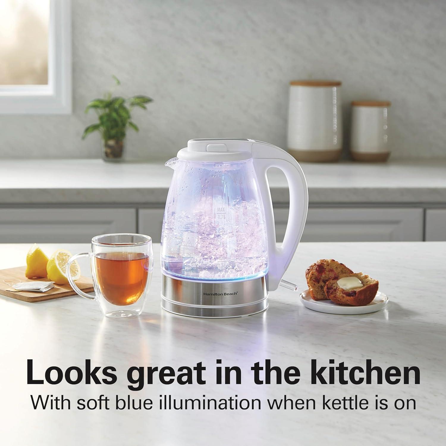 image:imageHamilton Beach 17L Electric Tea Kettle Water Boiler amp Heater LED Indicator BuiltIn Mesh Filter AutoShutoff amp BoilDry Protection Cordless Serving Iridescent Clear Glass 41055Iridescent Clear Glass