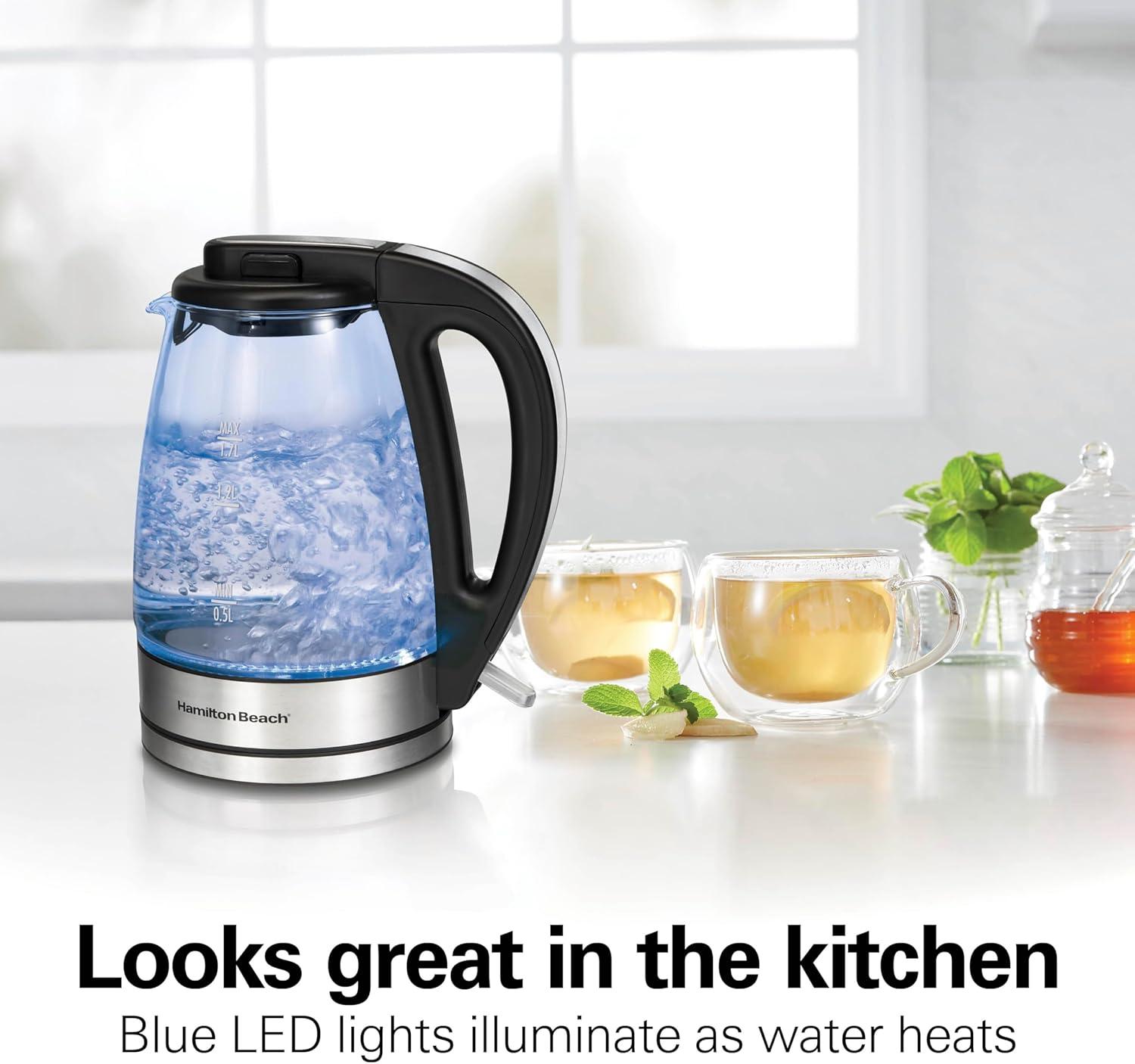 image:imageHamilton Beach 17L Electric Tea Kettle Water Boiler amp Heater LED Indicator BuiltIn Mesh Filter AutoShutoff amp BoilDry Protection Cordless Serving Iridescent Clear Glass 41055Clear Glass