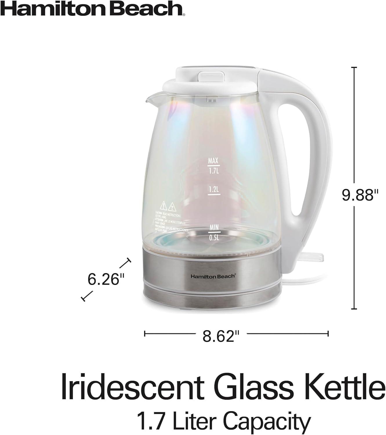 image:imageHamilton Beach 17L Electric Tea Kettle Water Boiler amp Heater LED Indicator BuiltIn Mesh Filter AutoShutoff amp BoilDry Protection Cordless Serving Iridescent Clear Glass 41055Iridescent Clear Glass