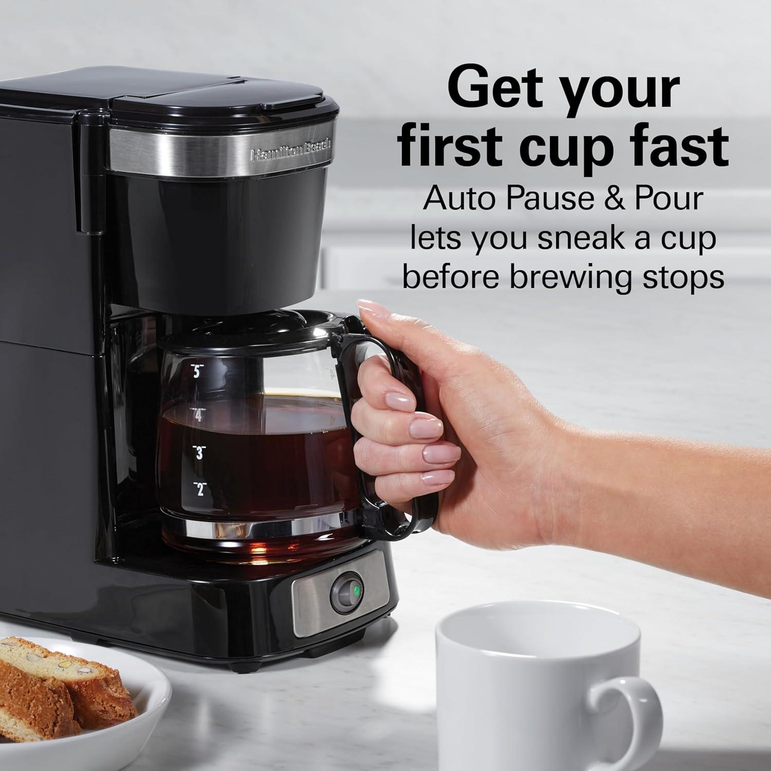 image:imageHamilton Beach 5 Cup Drip Coffee Maker with Easy FrontFill Basket Compact Design Programmable Clock Glass Carafe Auto Pause and Pour Black amp Stainless Steel 461115 Cup Works with Smart Plugs