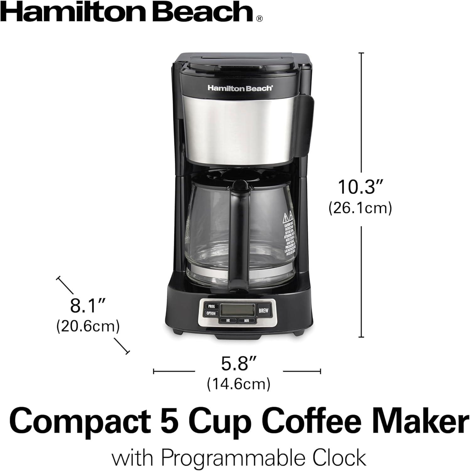 image:imageHamilton Beach 5 Cup Drip Coffee Maker with Easy FrontFill Basket Compact Design Programmable Clock Glass Carafe Auto Pause and Pour Black amp Stainless Steel 461115 Cup Programmable Clock