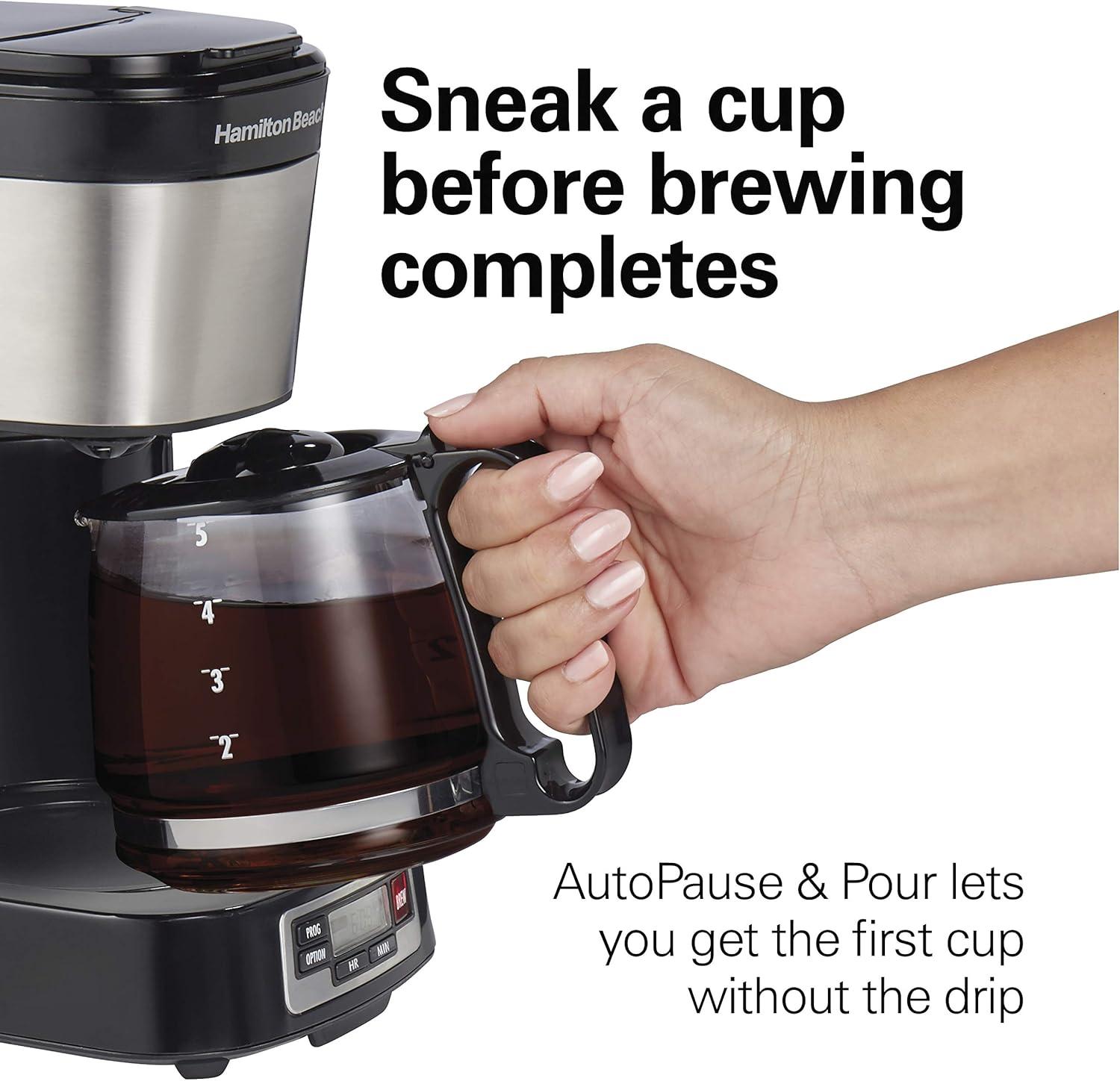 image:imageHamilton Beach 5 Cup Drip Coffee Maker with Easy FrontFill Basket Compact Design Programmable Clock Glass Carafe Auto Pause and Pour Black amp Stainless Steel 461115 Cup Programmable Clock