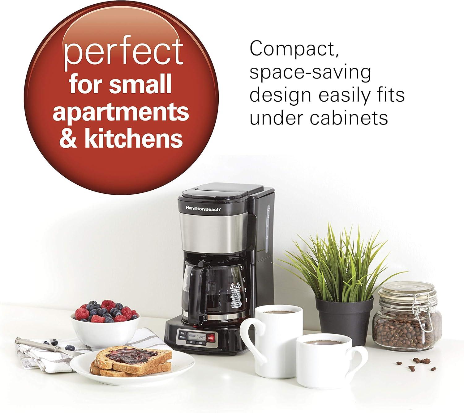 image:imageHamilton Beach 5 Cup Drip Coffee Maker with Easy FrontFill Basket Compact Design Programmable Clock Glass Carafe Auto Pause and Pour Black amp Stainless Steel 461115 Cup Programmable Clock