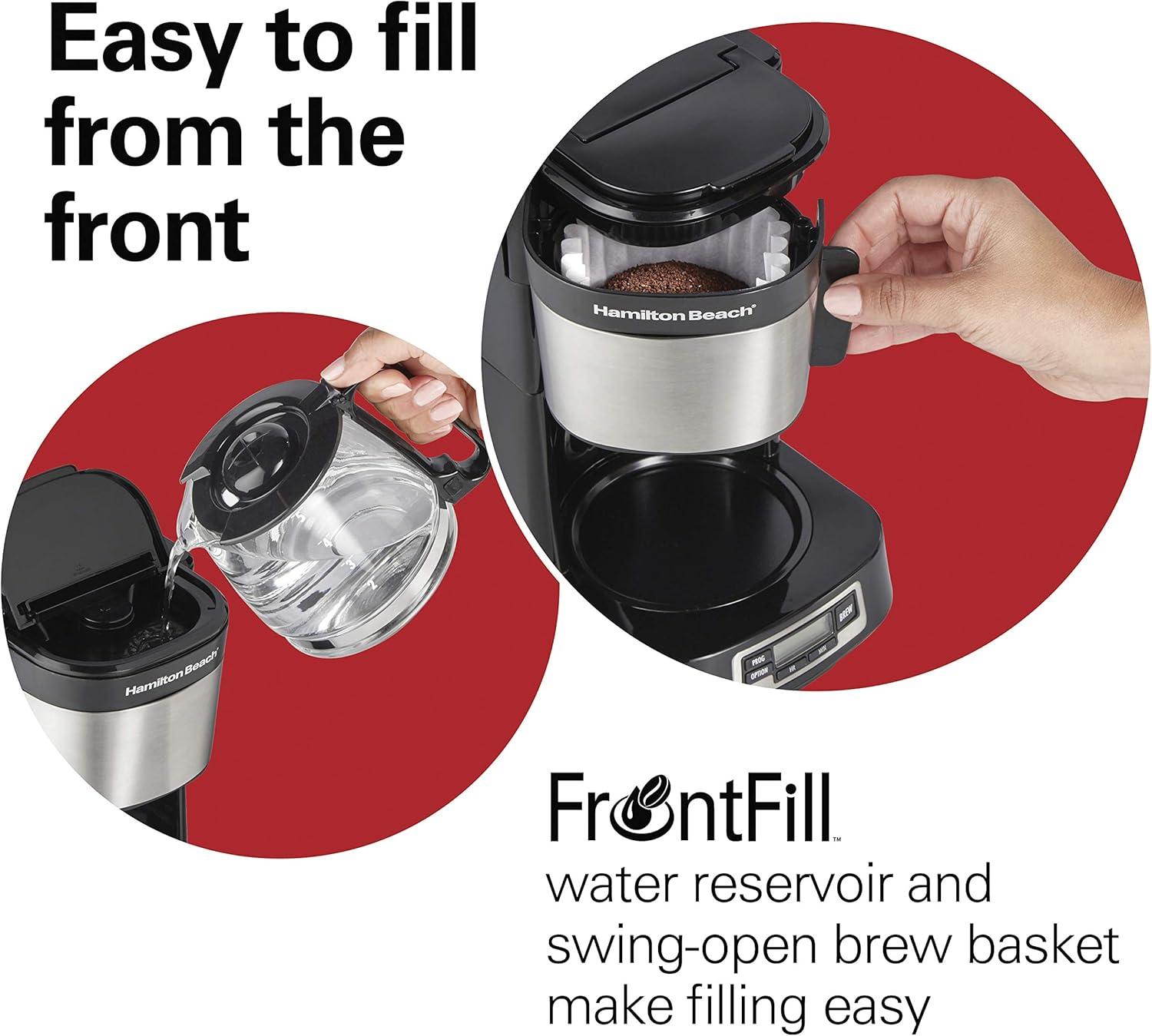 image:imageHamilton Beach 5 Cup Drip Coffee Maker with Easy FrontFill Basket Compact Design Programmable Clock Glass Carafe Auto Pause and Pour Black amp Stainless Steel 461115 Cup Programmable Clock