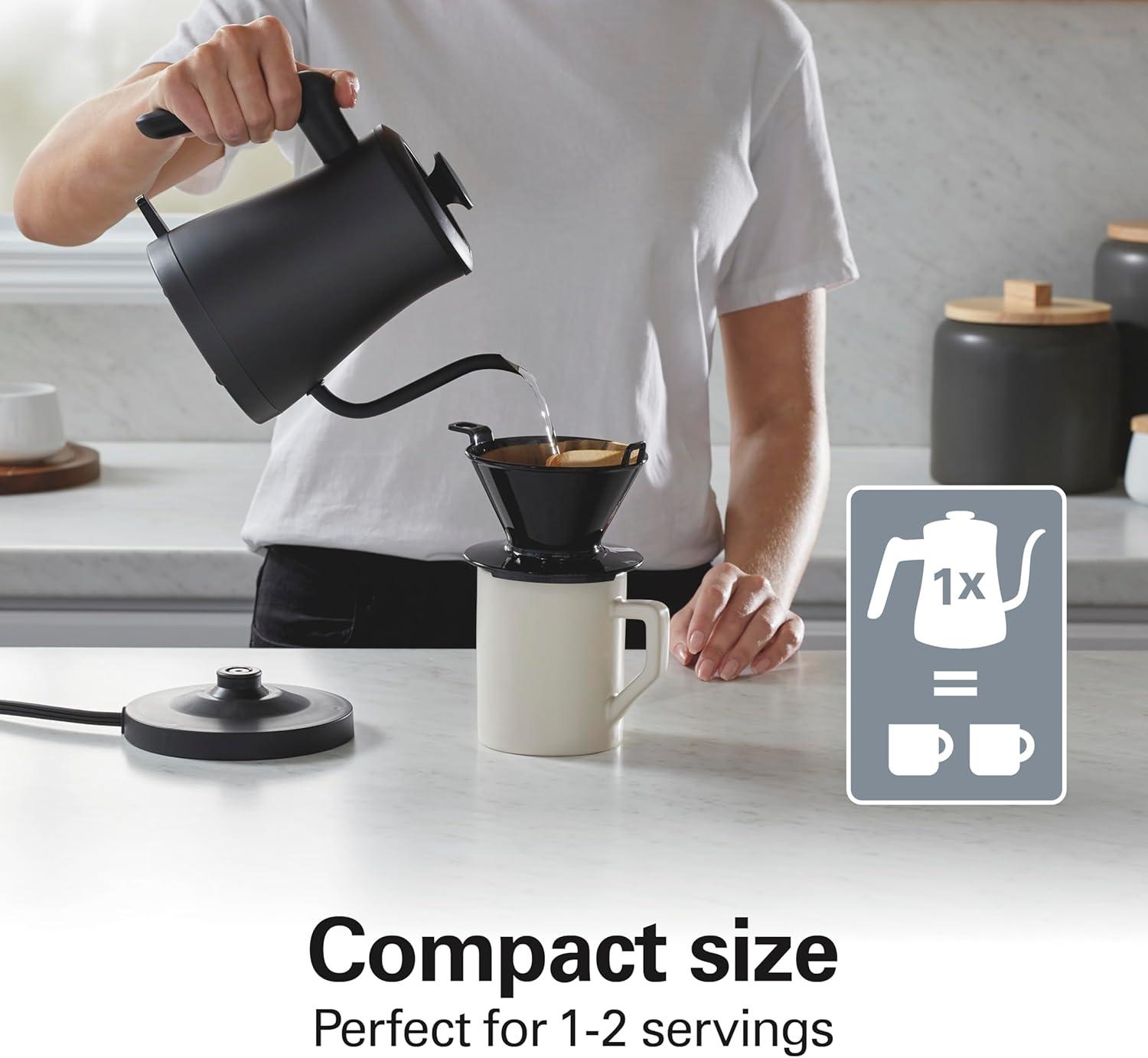 image:imageHamilton Beach Compact 20 oz 06 Liter Gooseneck Electric Kettle for Boiling Water Pour Over Coffee Tea Ultra Fast Heating With 1200 Watts Stainless Steel BPAFree Interior Black 4104506 Quarts