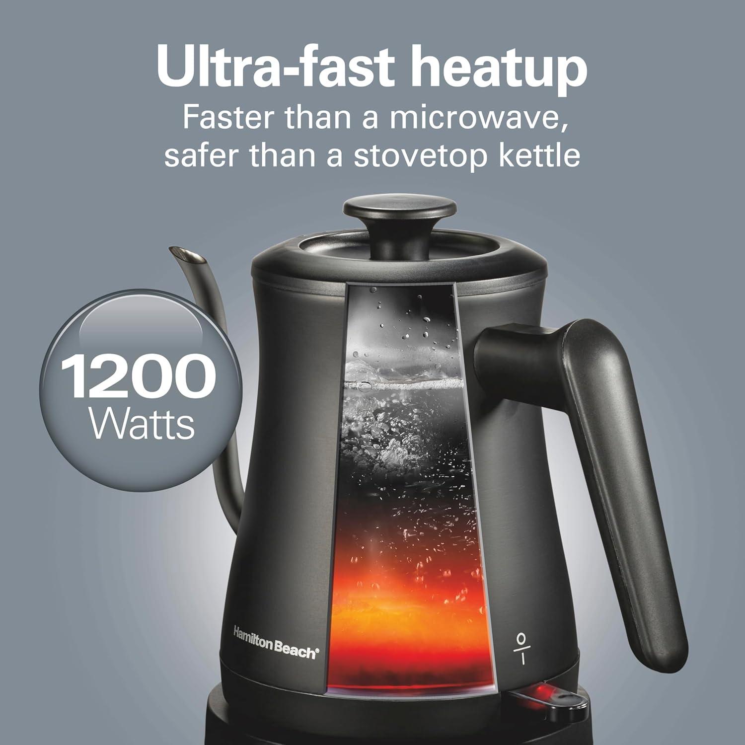 image:imageHamilton Beach Compact 20 oz 06 Liter Gooseneck Electric Kettle for Boiling Water Pour Over Coffee Tea Ultra Fast Heating With 1200 Watts Stainless Steel BPAFree Interior Black 4104506 Quarts