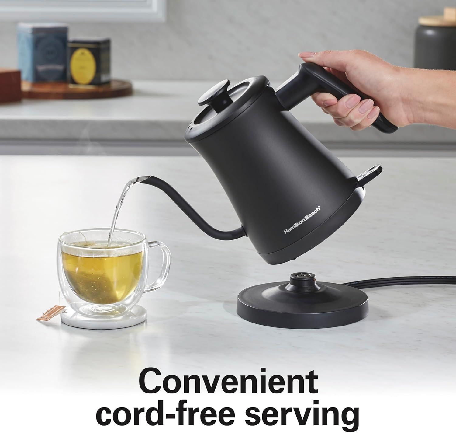 image:imageHamilton Beach Compact 20 oz 06 Liter Gooseneck Electric Kettle for Boiling Water Pour Over Coffee Tea Ultra Fast Heating With 1200 Watts Stainless Steel BPAFree Interior Black 4104506 Quarts