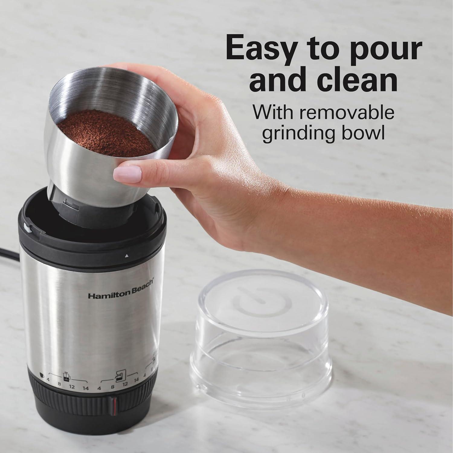 image:imageHamilton Beach Custom Grind Electric Coffee Grinder for 414 Cups OnePress HandFree Operation with Auto Shutoff Removable Grinding Bowl For Easy Pour and Clean Stainless Steel 80406414 Cups