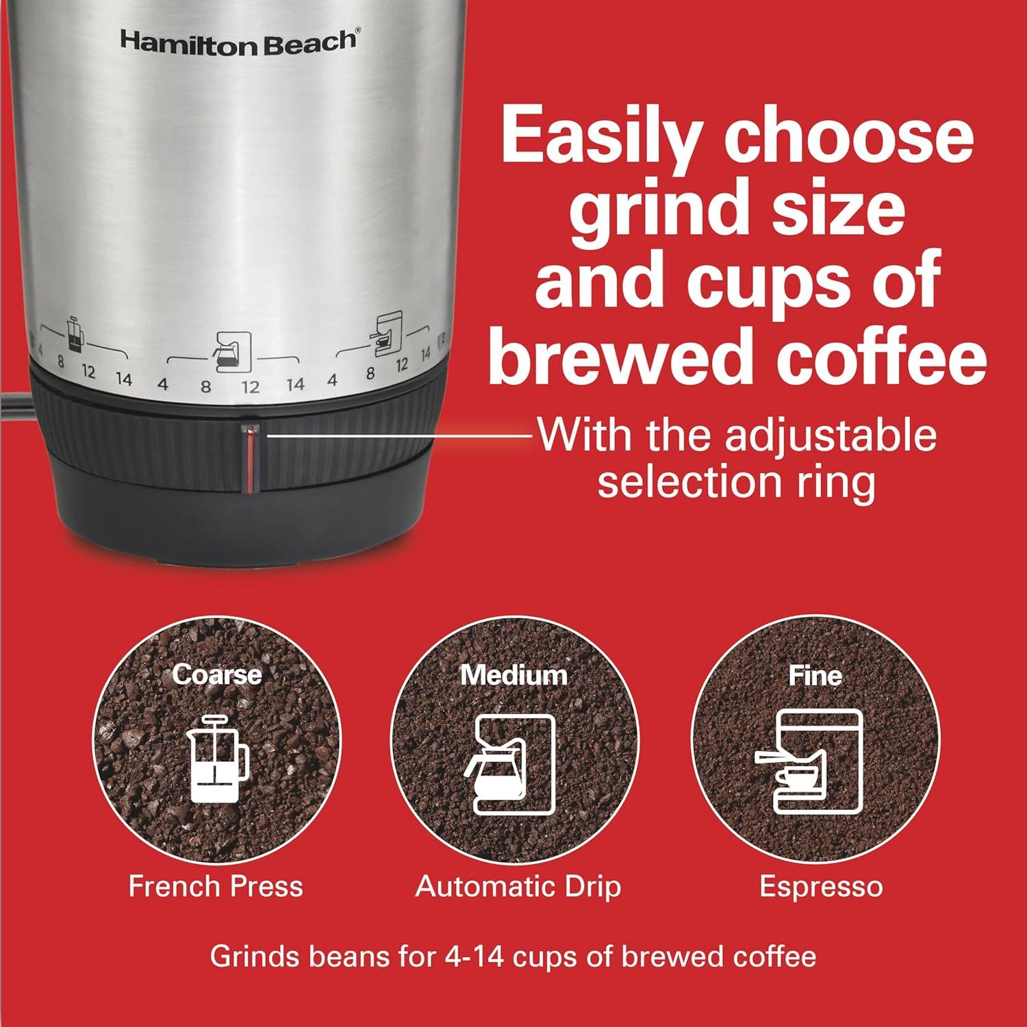 image:imageHamilton Beach Custom Grind Electric Coffee Grinder for 414 Cups OnePress HandFree Operation with Auto Shutoff Removable Grinding Bowl For Easy Pour and Clean Stainless Steel 80406414 Cups Pack of 2