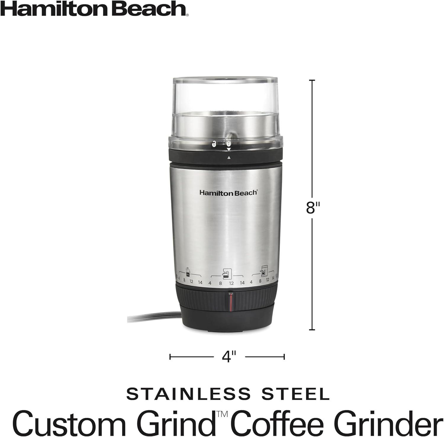 image:imageHamilton Beach Custom Grind Electric Coffee Grinder for 414 Cups OnePress HandFree Operation with Auto Shutoff Removable Grinding Bowl For Easy Pour and Clean Stainless Steel 80406414 Cups