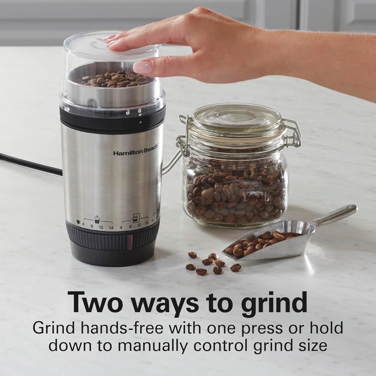 image:imageHamilton Beach Custom Grind Electric Coffee Grinder for 414 Cups OnePress HandFree Operation with Auto Shutoff Removable Grinding Bowl For Easy Pour and Clean Stainless Steel 80406414 Cups