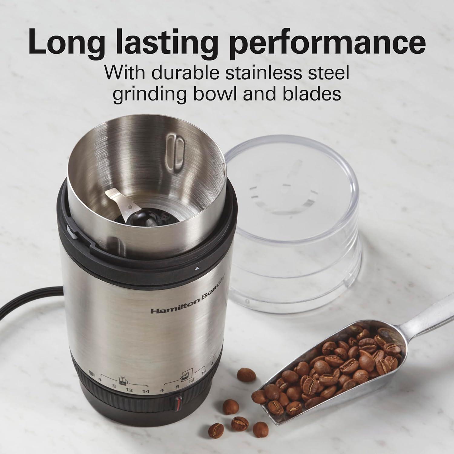 image:imageHamilton Beach Custom Grind Electric Coffee Grinder for 414 Cups OnePress HandFree Operation with Auto Shutoff Removable Grinding Bowl For Easy Pour and Clean Stainless Steel 80406414 Cups