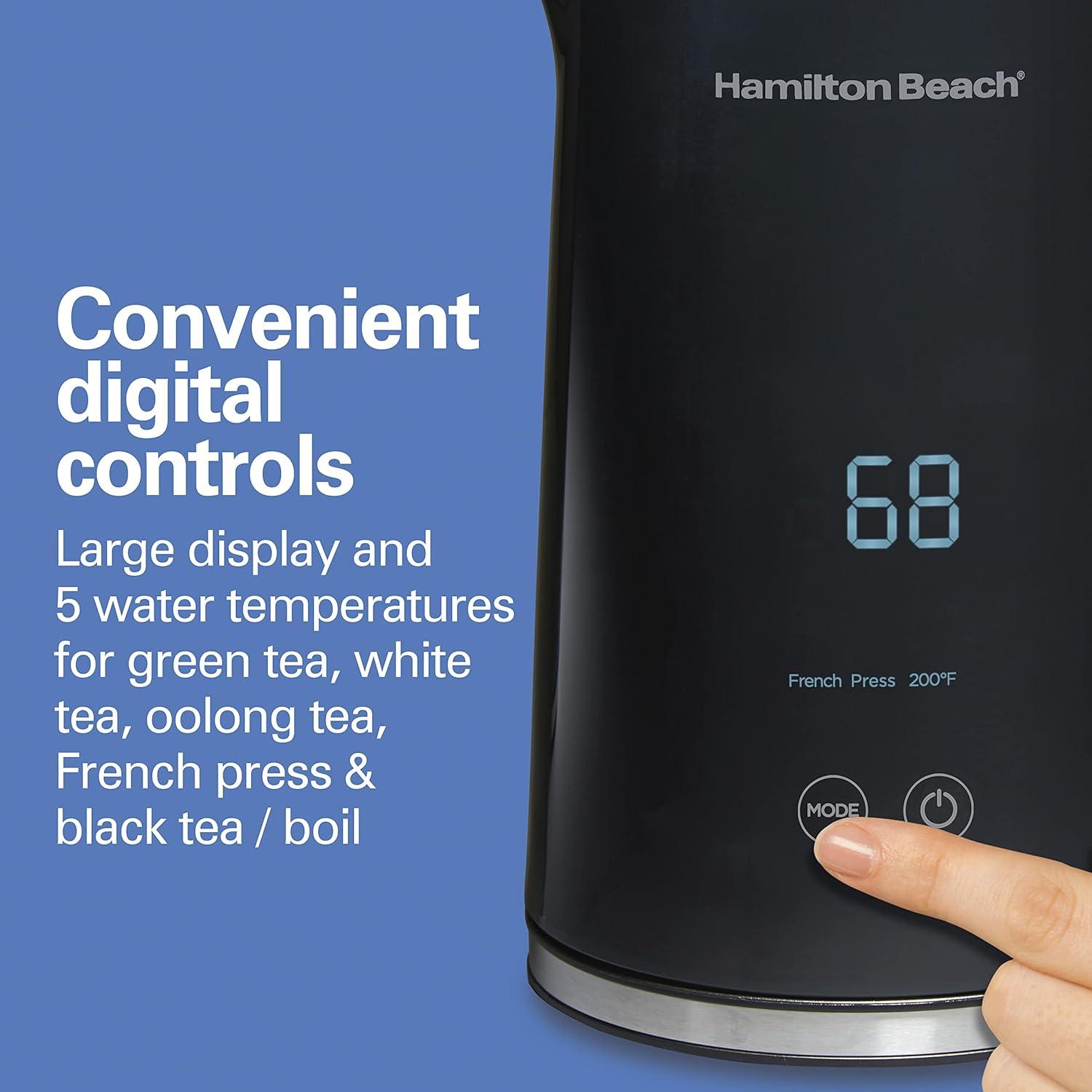 image:imageHamilton Beach Digital Temperature Control Electric Tea Kettle Hot Water Boiler amp Heater 17L 5 Preset Modes Keep Warm Fast Boil 1500 Watts BPA Free CoolTouch Exterior Black 4103318 Quarts