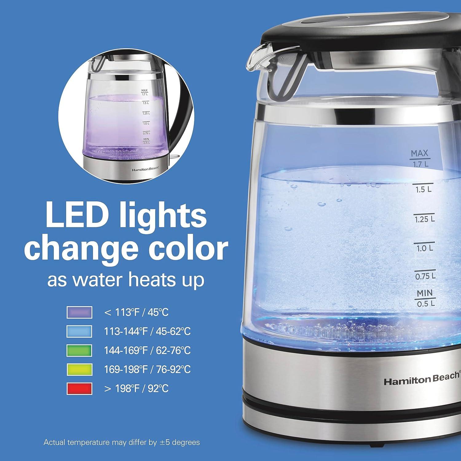 image:imageHamilton Beach Double Wall 17L Electric Kettle Water Boiler amp Heater BuiltIn Mesh Filter AutoShutoff amp BoilDry Protection Cordless Serving Variable LED Indicator Glass 4085018 Quarts