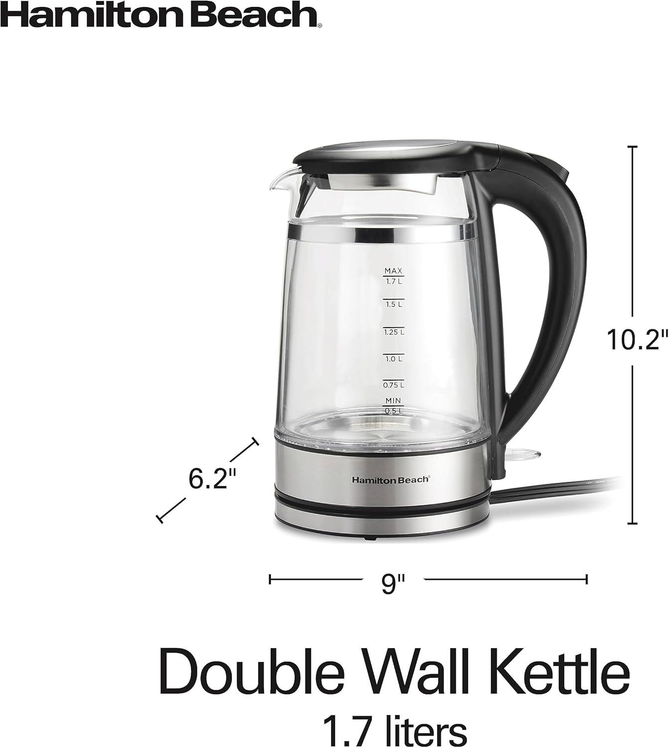 image:imageHamilton Beach Double Wall 17L Electric Kettle Water Boiler amp Heater BuiltIn Mesh Filter AutoShutoff amp BoilDry Protection Cordless Serving Variable LED Indicator Glass 4085018 Quarts