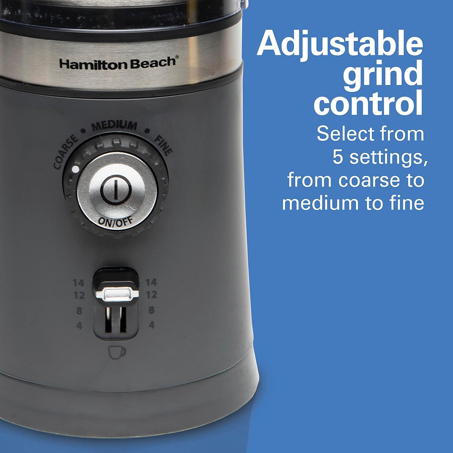 image:imageHamilton Beach Electric Coffee Grinder for Beans Spices and More with Multiple Grind Settings for up to 14 Cups Removable Stainless Steel Chamber Grey 80396C 10 oz