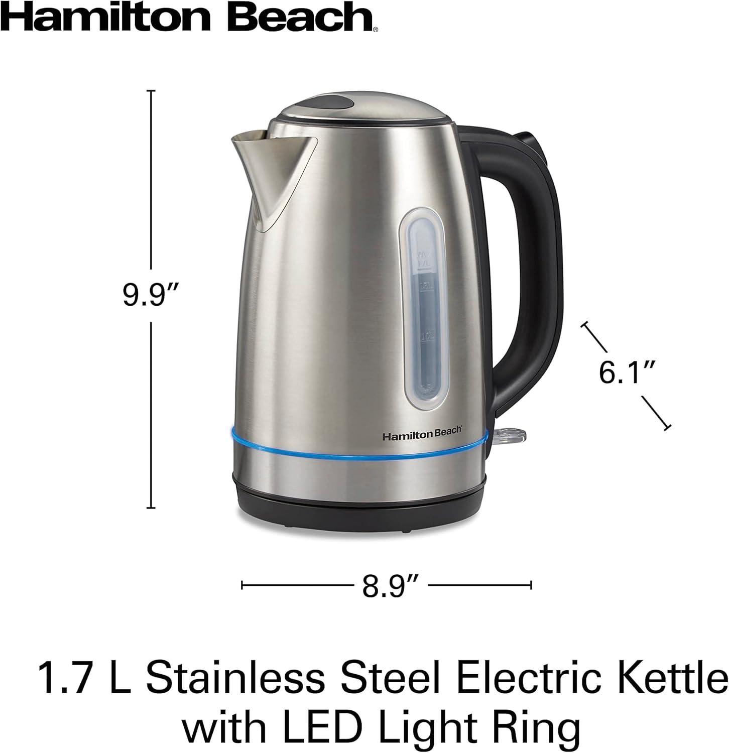 image:imageHamilton Beach Electric Tea Kettle Water Boiler amp Heater 17 Liter Cordless Serving 1500 Watts for Fast Boiling AutoShutoff and BoilDry Protection Stainless Steel with LED Light Ring 41037Stainless Steel with LED Light Ring