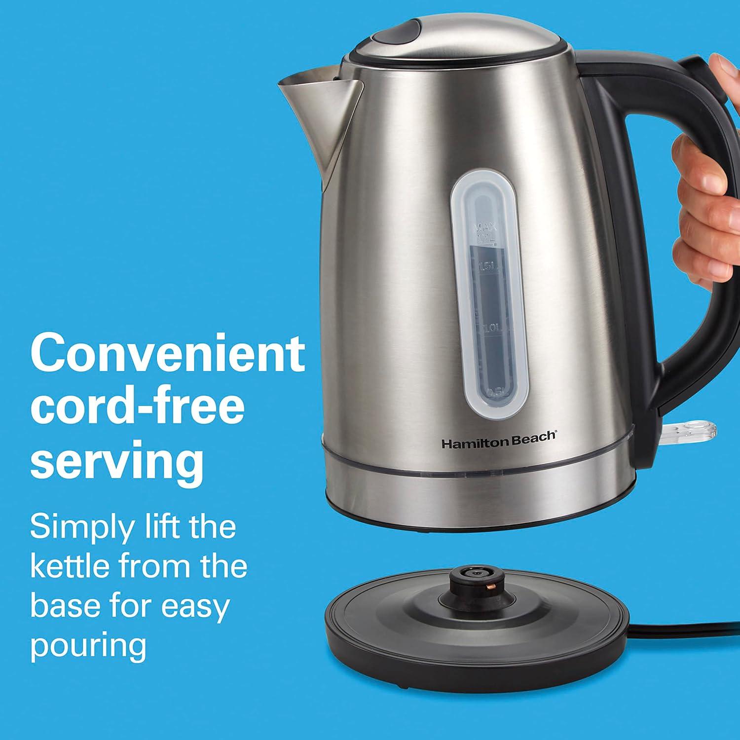 image:imageHamilton Beach Electric Tea Kettle Water Boiler amp Heater 17 Liter Cordless Serving 1500 Watts for Fast Boiling AutoShutoff and BoilDry Protection Stainless Steel with LED Light Ring 41037Stainless Steel with LED Light Ring