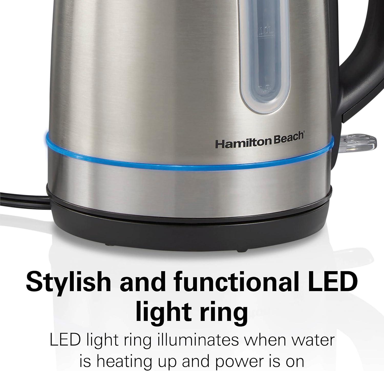 image:imageHamilton Beach Electric Tea Kettle Water Boiler amp Heater 17 Liter Cordless Serving 1500 Watts for Fast Boiling AutoShutoff and BoilDry Protection Stainless Steel with LED Light Ring 41037Stainless Steel with LED Light Ring