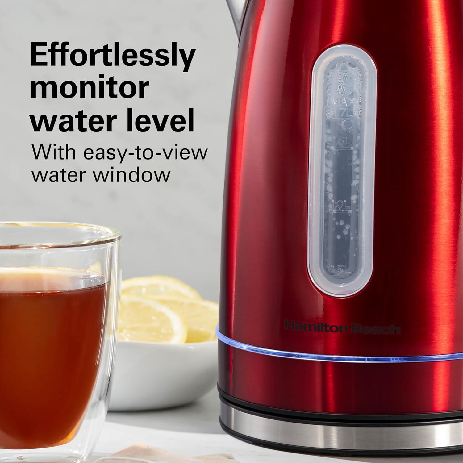 image:imageHamilton Beach Electric Tea Kettle Water Boiler amp Heater 17 Liter Cordless Serving 1500 Watts for Fast Boiling AutoShutoff and BoilDry Protection Stainless Steel with LED Light Ring 41037Red with LED Light Ring