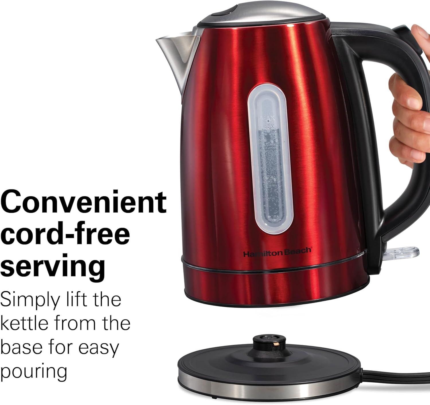 image:imageHamilton Beach Electric Tea Kettle Water Boiler amp Heater 17 Liter Cordless Serving 1500 Watts for Fast Boiling AutoShutoff and BoilDry Protection Stainless Steel with LED Light Ring 41037Red with LED Light Ring