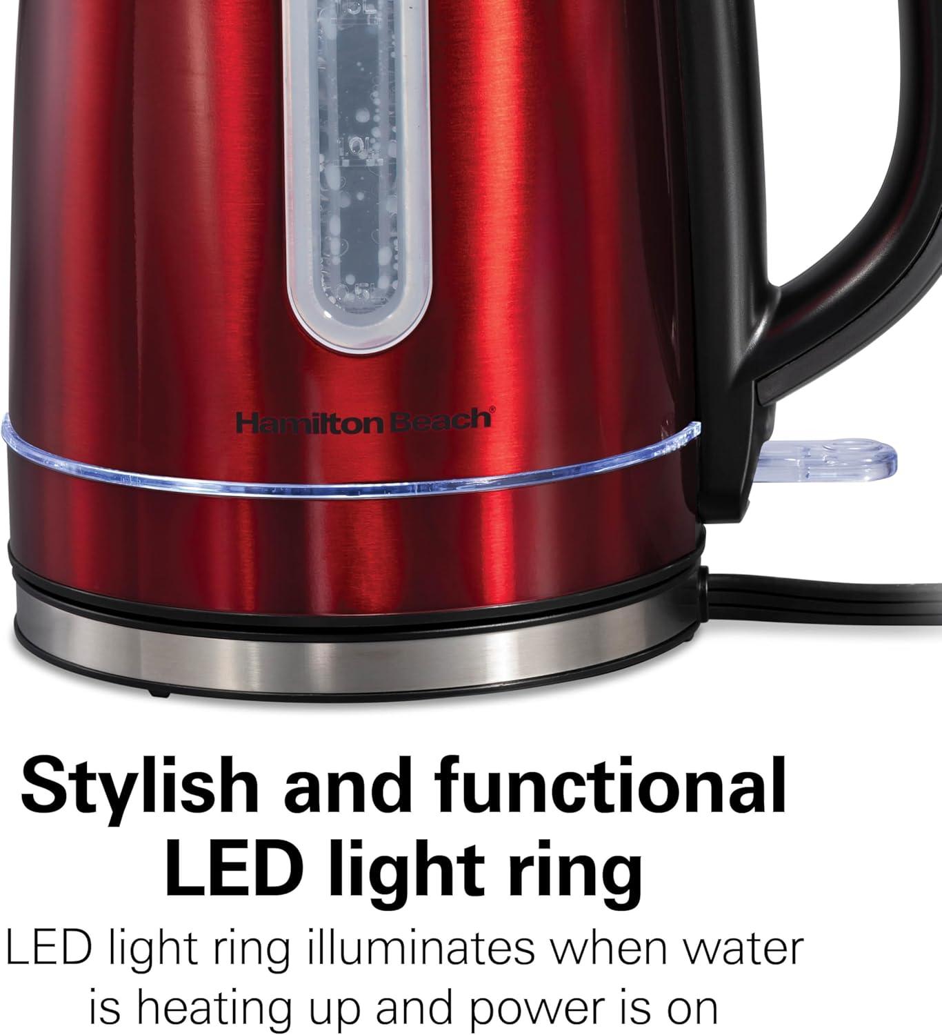 image:imageHamilton Beach Electric Tea Kettle Water Boiler amp Heater 17 Liter Cordless Serving 1500 Watts for Fast Boiling AutoShutoff and BoilDry Protection Stainless Steel with LED Light Ring 41037Red with LED Light Ring