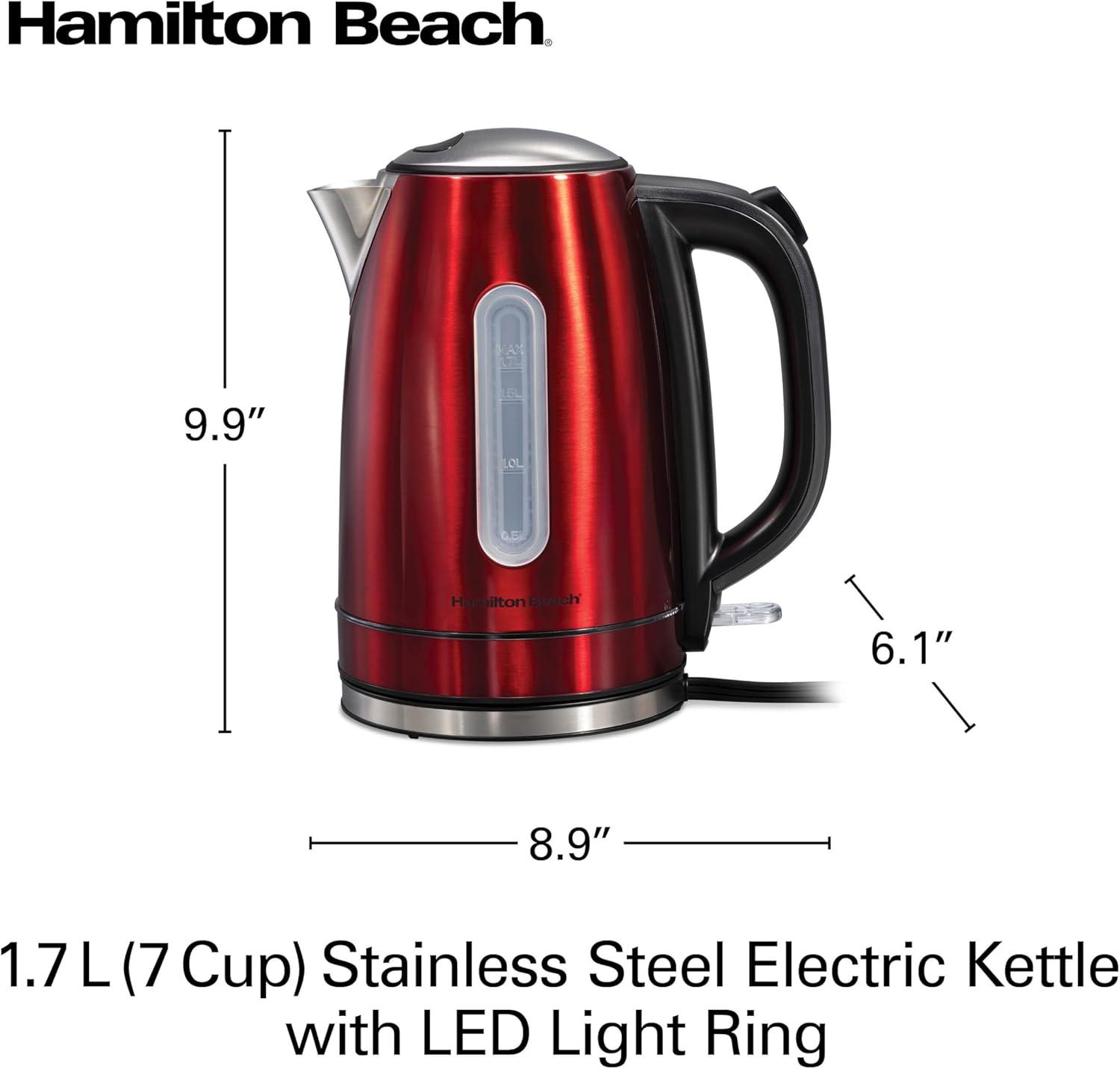 image:imageHamilton Beach Electric Tea Kettle Water Boiler amp Heater 17 Liter Cordless Serving 1500 Watts for Fast Boiling AutoShutoff and BoilDry Protection Stainless Steel with LED Light Ring 41037Red with LED Light Ring