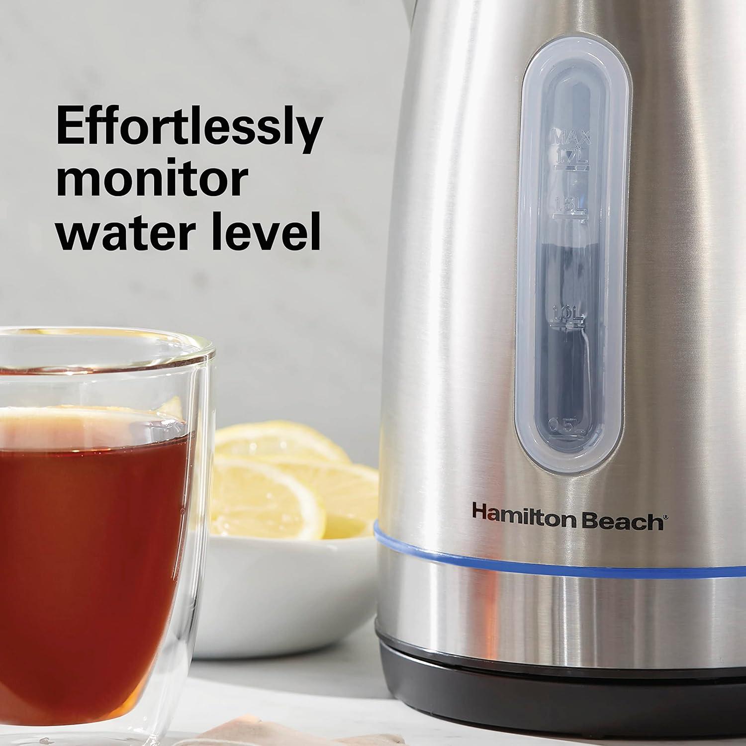 image:imageHamilton Beach Electric Tea Kettle Water Boiler amp Heater 17 Liter Cordless Serving 1500 Watts for Fast Boiling AutoShutoff and BoilDry Protection Stainless Steel with LED Light Ring 41037Stainless Steel with LED Light Ring