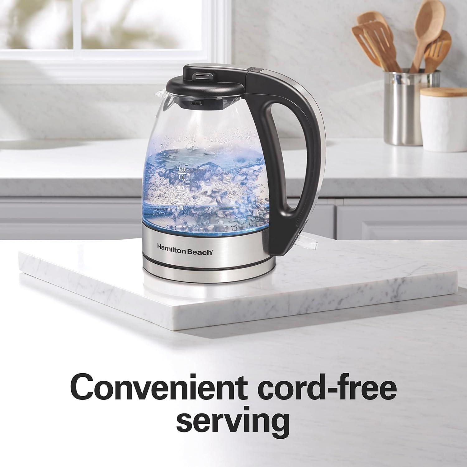 image:imageHamilton Beach Electric Tea Kettle Water Boiler amp Heater 18 Liter 1500 Watts for Fast Boiling BPA Free Cordless Serving AutoShutoff amp BoilDry Protection Blue LED Glass 40853C11 Quarts