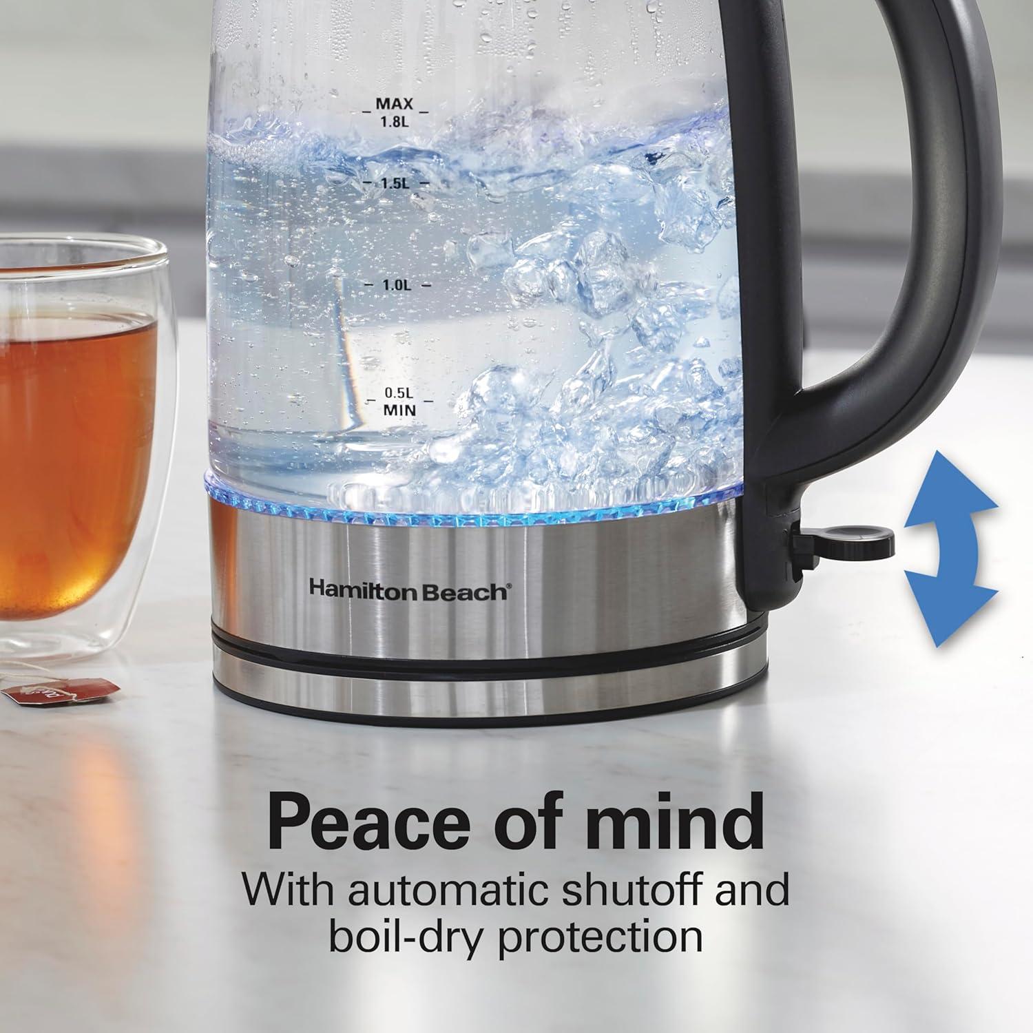 image:imageHamilton Beach Electric Tea Kettle Water Boiler amp Heater 18 Liter 1500 Watts for Fast Boiling BPA Free Cordless Serving AutoShutoff amp BoilDry Protection Blue LED Glass 40853C19 Quarts