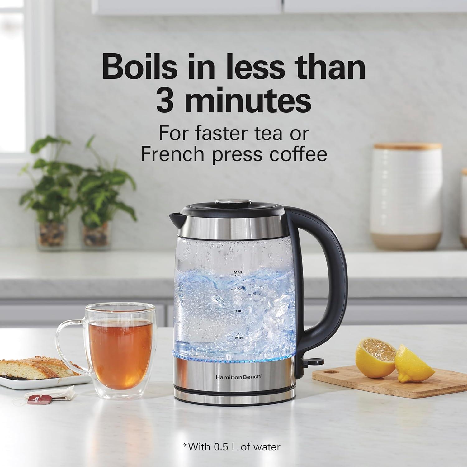 image:imageHamilton Beach Electric Tea Kettle Water Boiler amp Heater 18 Liter 1500 Watts for Fast Boiling BPA Free Cordless Serving AutoShutoff amp BoilDry Protection Blue LED Glass 40853C19 Quarts