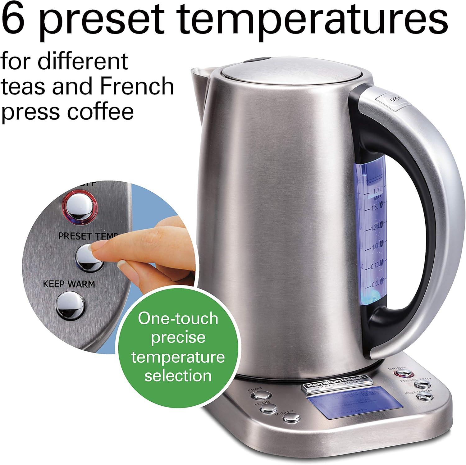image:imageHamilton Beach Professional Digital LCD Temperature Control Electric Tea Kettle Water Boiler amp Heater 17 Liter Fast Boiling 1500 Watts Cordless AutoShutoff amp BoilDry Protection Silver 41028