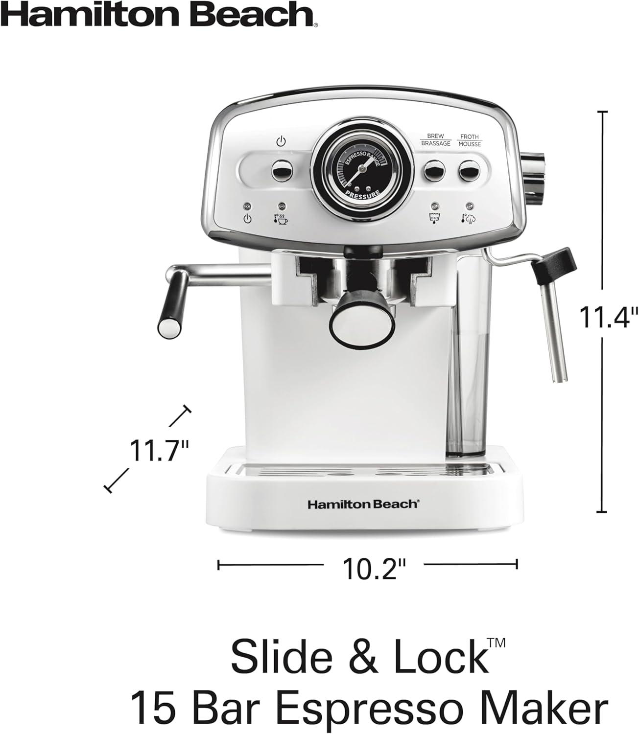 image:imageHamilton Beach Slide amp Lock Espresso Machine With Milk Frother Steam Wand For Cappuccino amp Latte 15 Bar Pump and Two Spouts Removable Reservoir Compact Retro Design Black 40730White