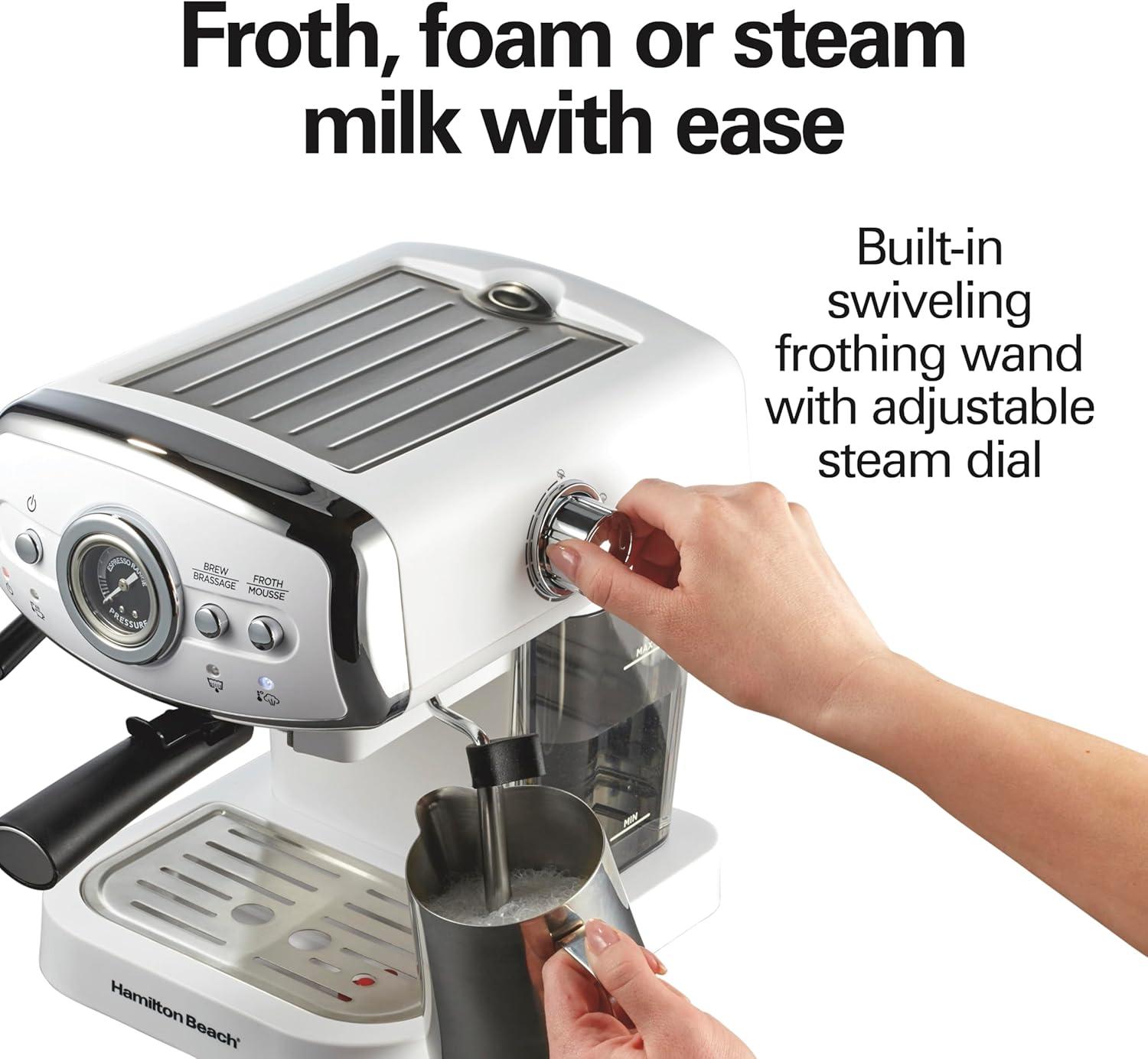 image:imageHamilton Beach Slide amp Lock Espresso Machine With Milk Frother Steam Wand For Cappuccino amp Latte 15 Bar Pump and Two Spouts Removable Reservoir Compact Retro Design Black 40730White