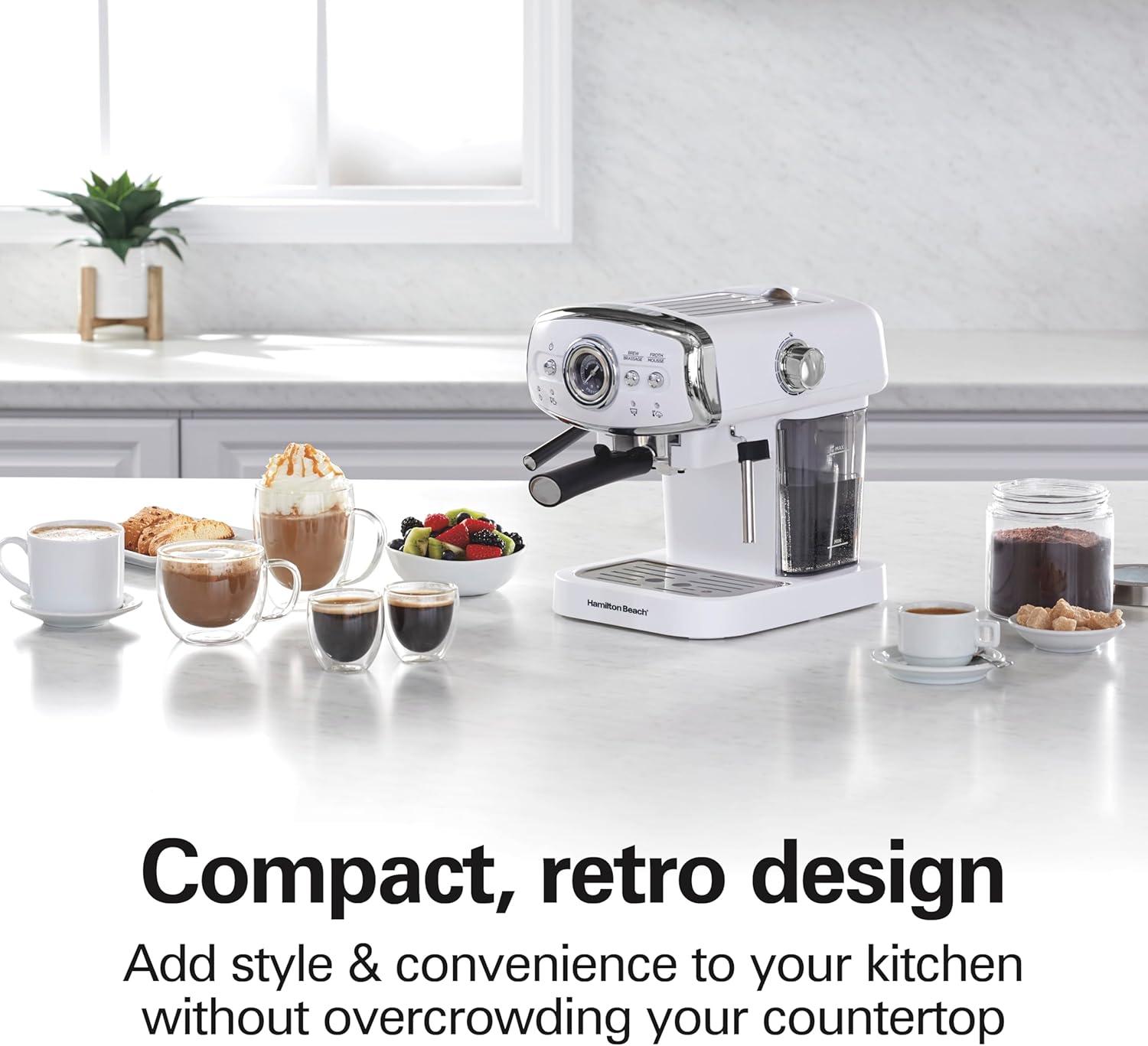 image:imageHamilton Beach Slide amp Lock Espresso Machine With Milk Frother Steam Wand For Cappuccino amp Latte 15 Bar Pump and Two Spouts Removable Reservoir Compact Retro Design Black 40730White