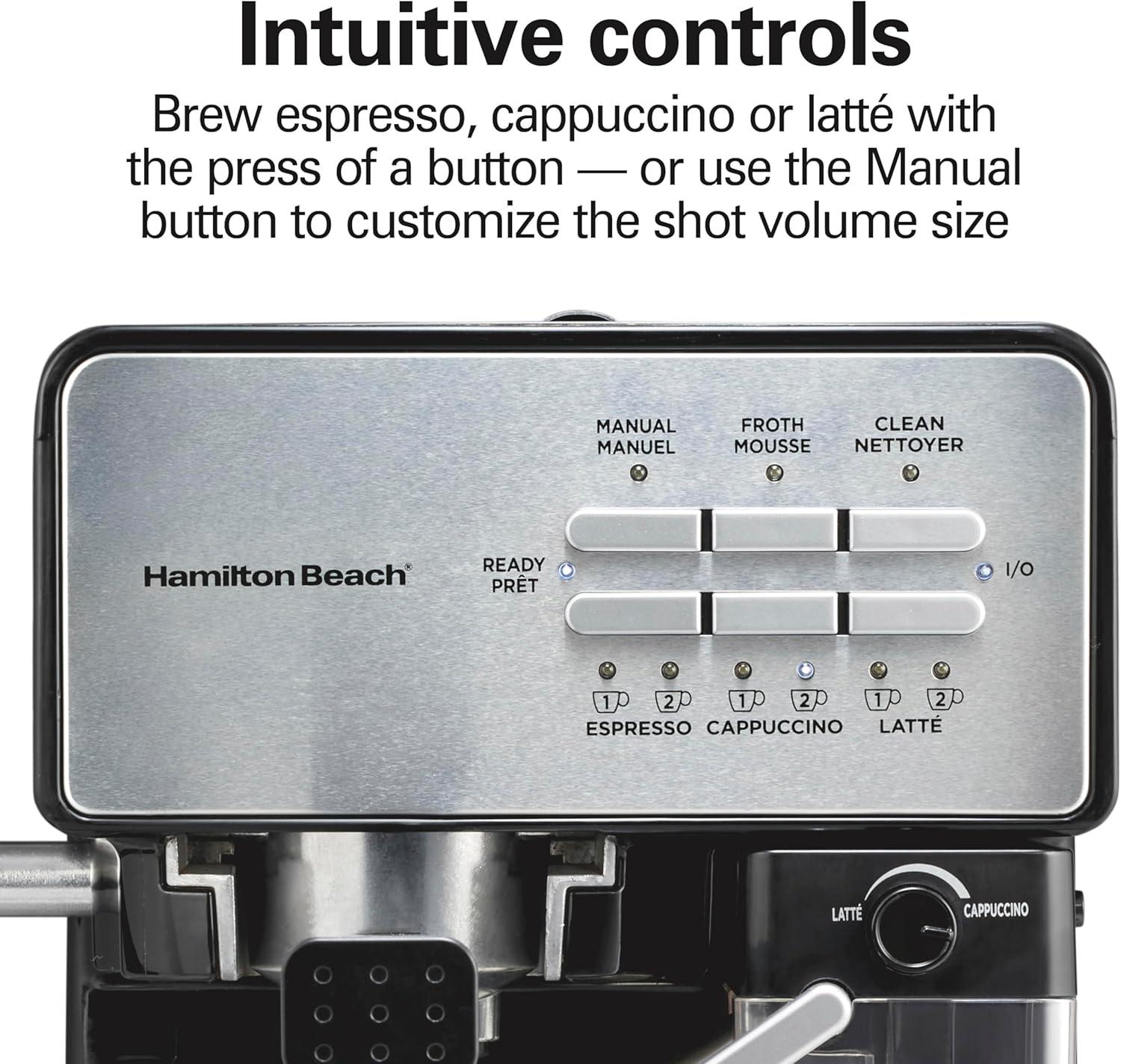 image:imageHamilton Beach Slide and Lock Espresso Machine Programmable Coffee Maker for CafQuality Cappuccino amp Latte 15 Bar Pump Milk Frother Steamer Wand 70 oz Removable Reservoir Black 40750