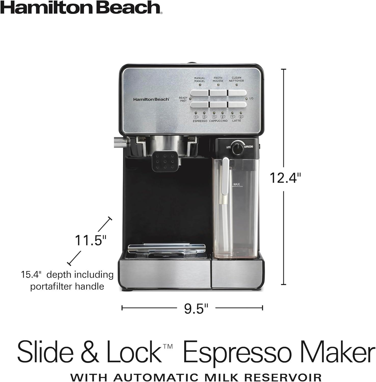 image:imageHamilton Beach Slide and Lock Espresso Machine Programmable Coffee Maker for CafQuality Cappuccino amp Latte 15 Bar Pump Milk Frother Steamer Wand 70 oz Removable Reservoir Black 40750