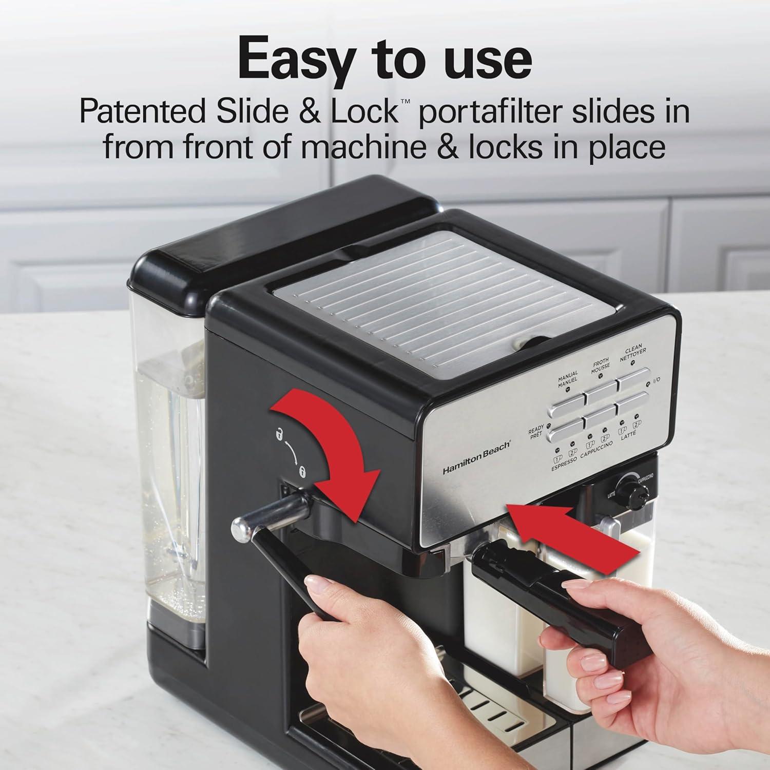 image:imageHamilton Beach Slide and Lock Espresso Machine Programmable Coffee Maker for CafQuality Cappuccino amp Latte 15 Bar Pump Milk Frother Steamer Wand 70 oz Removable Reservoir Black 40750