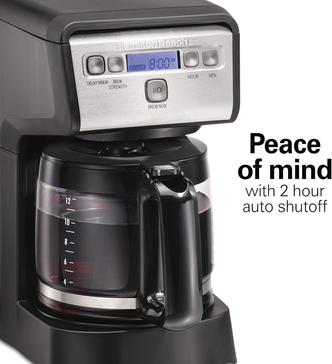 image:imageHamiton Beach 12 Cup Compact Programmable Drip Coffee Maker with NoDrip Burosilicate Glass Carafe 2Hour Auto Shutoff SpaceSaving Design Black with Stainless Steel Accents 46200