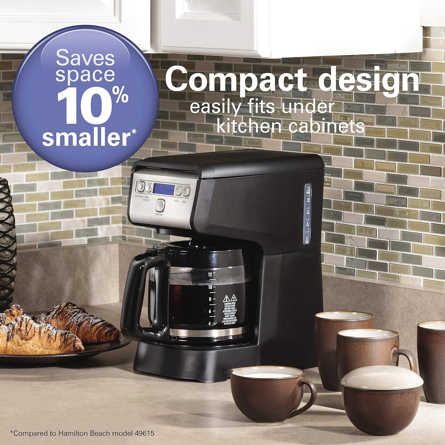 image:imageHamiton Beach 12 Cup Compact Programmable Drip Coffee Maker with NoDrip Burosilicate Glass Carafe 2Hour Auto Shutoff SpaceSaving Design Black with Stainless Steel Accents 46200