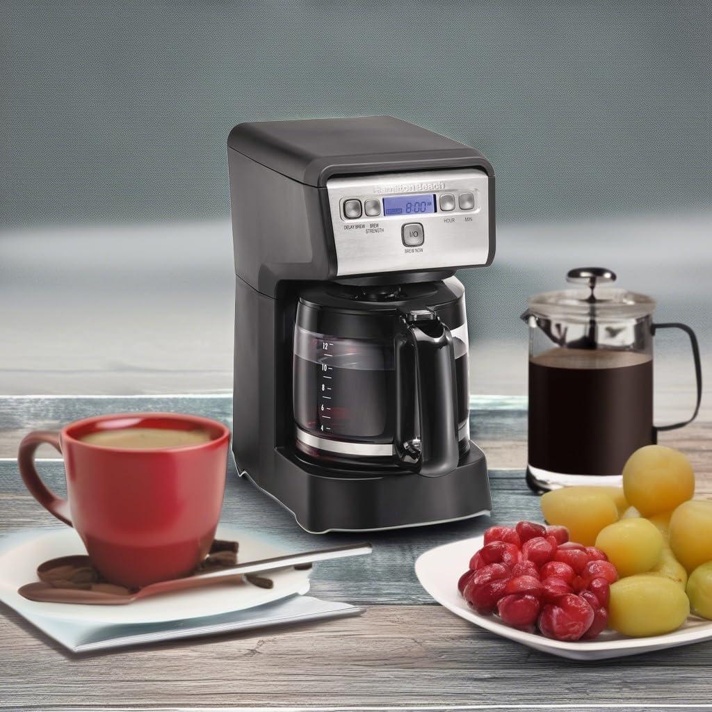 image:imageHamiton Beach 12 Cup Compact Programmable Drip Coffee Maker with NoDrip Burosilicate Glass Carafe 2Hour Auto Shutoff SpaceSaving Design Black with Stainless Steel Accents 46200