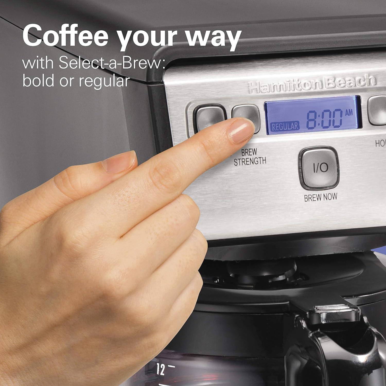image:imageHamiton Beach 12 Cup Compact Programmable Drip Coffee Maker with NoDrip Burosilicate Glass Carafe 2Hour Auto Shutoff SpaceSaving Design Black with Stainless Steel Accents 46200