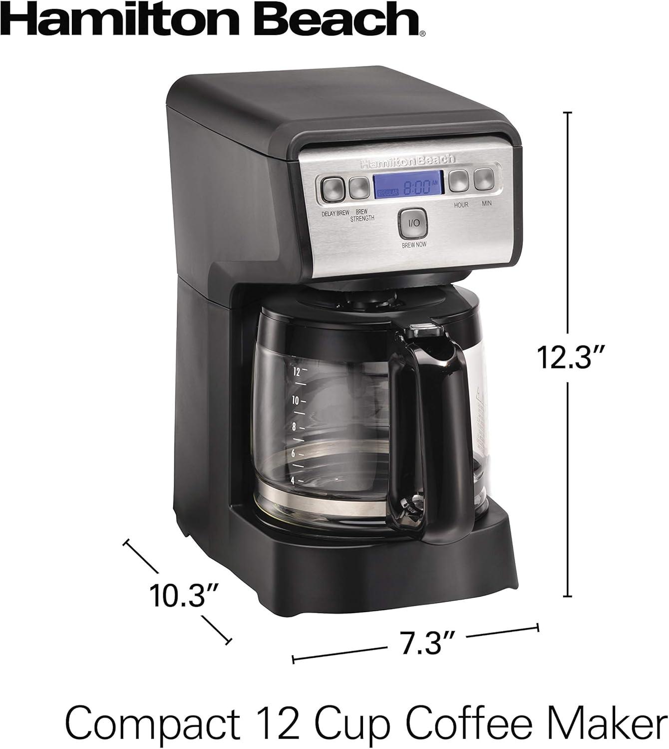 image:imageHamiton Beach 12 Cup Compact Programmable Drip Coffee Maker with NoDrip Burosilicate Glass Carafe 2Hour Auto Shutoff SpaceSaving Design Black with Stainless Steel Accents 46200