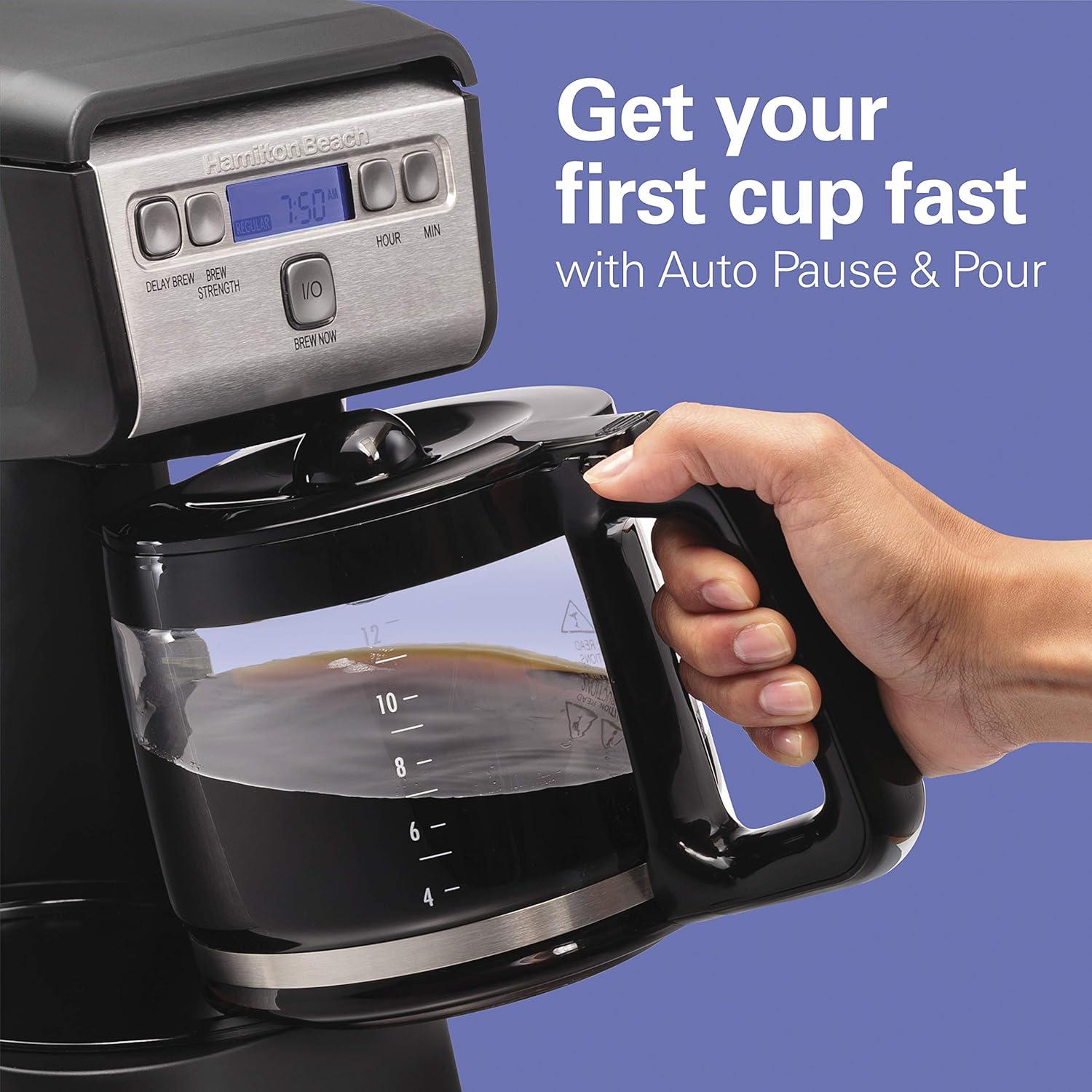image:imageHamiton Beach 12 Cup Compact Programmable Drip Coffee Maker with NoDrip Burosilicate Glass Carafe 2Hour Auto Shutoff SpaceSaving Design Black with Stainless Steel Accents 46200