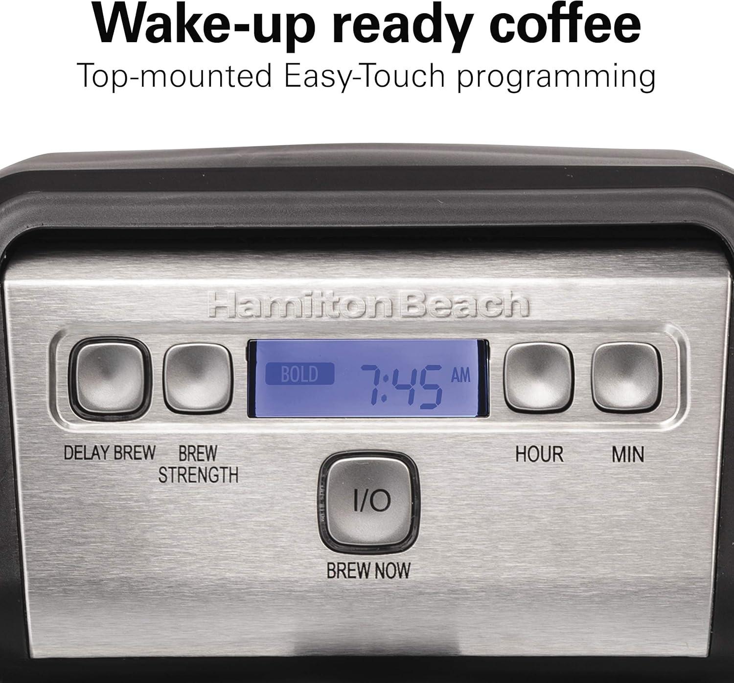 image:imageHamiton Beach 12 Cup Compact Programmable Drip Coffee Maker with NoDrip Burosilicate Glass Carafe 2Hour Auto Shutoff SpaceSaving Design Black with Stainless Steel Accents 46200