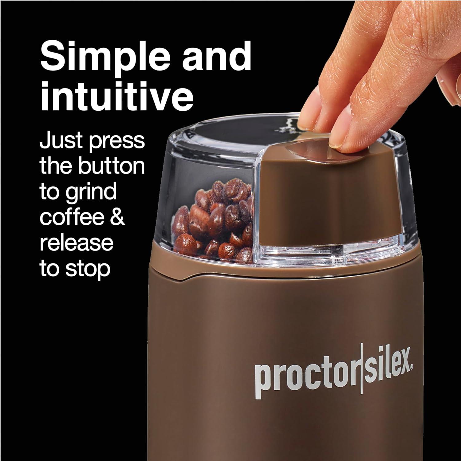 image:imageProctor Silex Electric Coffee Grinder for Beans Spices and More Stainless Steel Blades Makes upto 12 Cups BlackBrown