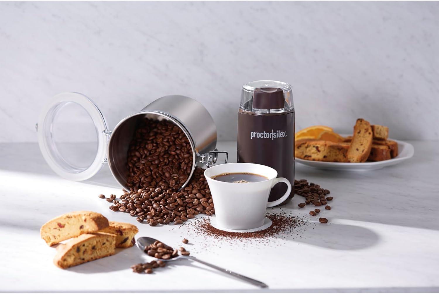 image:imageProctor Silex Electric Coffee Grinder for Beans Spices and More Stainless Steel Blades Makes upto 12 Cups BlackBrown