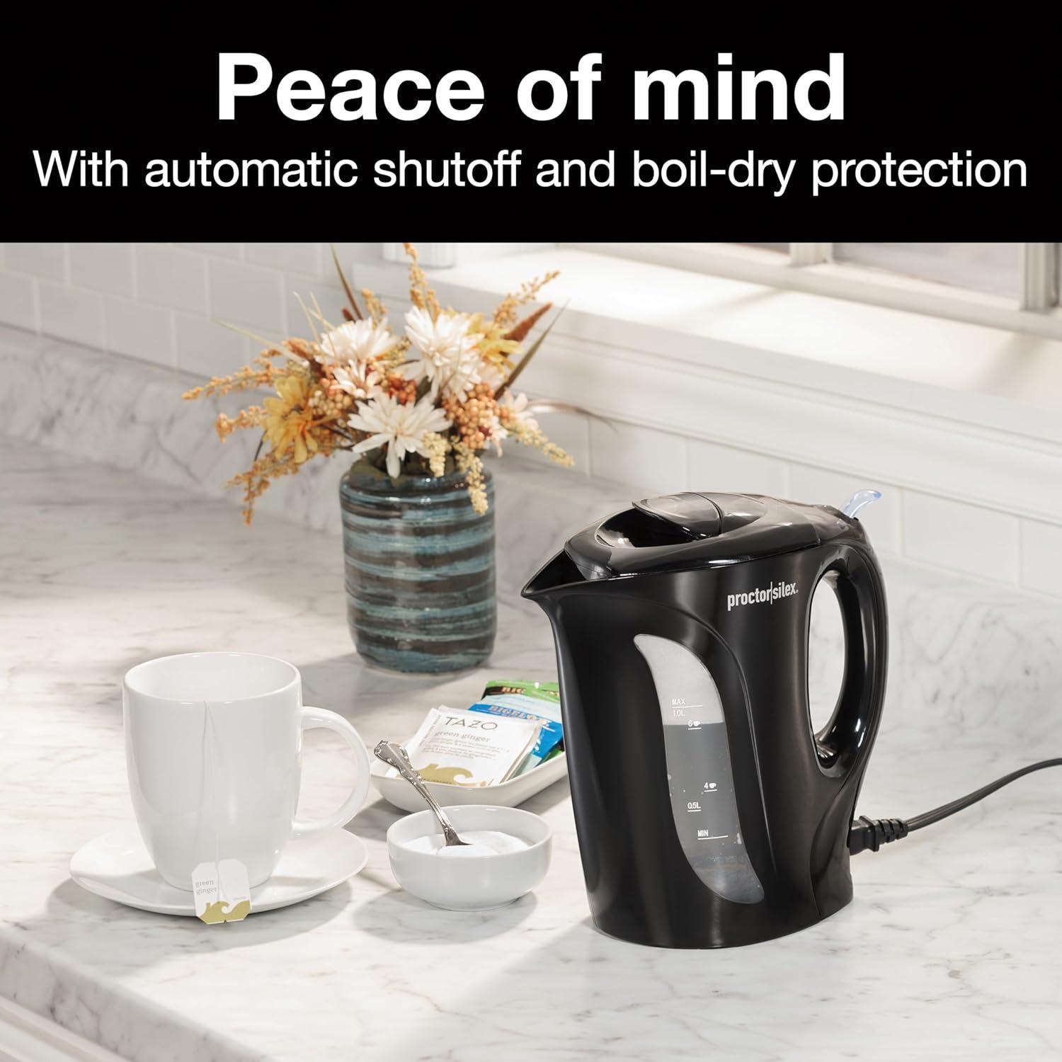 image:imageProctor Silex Electric Tea Kettle Water Boiler amp Heater AutoShutoff amp BoilDry Protection 1000 Watts for Fast Boiling 1 Liter WhiteBlack